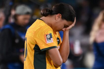 Australia's forward Sam Kerr reacts to defeat to England