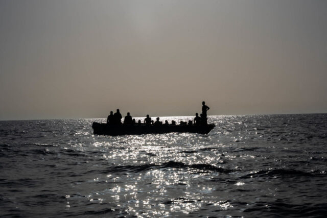 Picture taken on August 3, 2023 shows some of 266 migrants crossing the Mediterranean sea on little boats prior to being rescued by members of the Spanish NGO Proactiva Open Arms off the Libyan coast. (Photo by Matias CHIOFALO / AFP) (Photo by MATIAS CHIOFALO/AFP via Getty Images)
