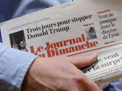 A photo taken on March 19, 2016 in Paris shows an edition of the French weekly newspaper Le Journal du Dimanche (JDD) which belongs to the Lagardere Group. Due to a strike following job cuts in the Lagardere Group, the March 20 edition of the Journal du Dimanche, founded in …