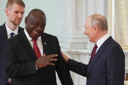 South Africa's President Cyril Ramaphosa with Russian counterpart Vladimir Putin in Strel'na outside Saint Petersburg last month.