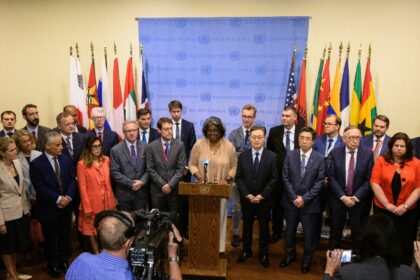 US Ambassador to the UN Linda Thomas-Greenfield speaks to the press after a UN Security Council meeting to discuss the situation in North Korea